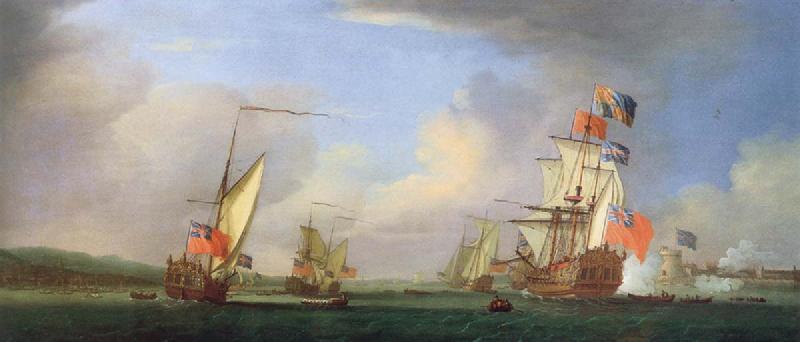 Monamy, Peter The Royal yacht Peregrine and another yacht in the Medway off Gillingham Kent,Passing Upnor Castel Sweden oil painting art